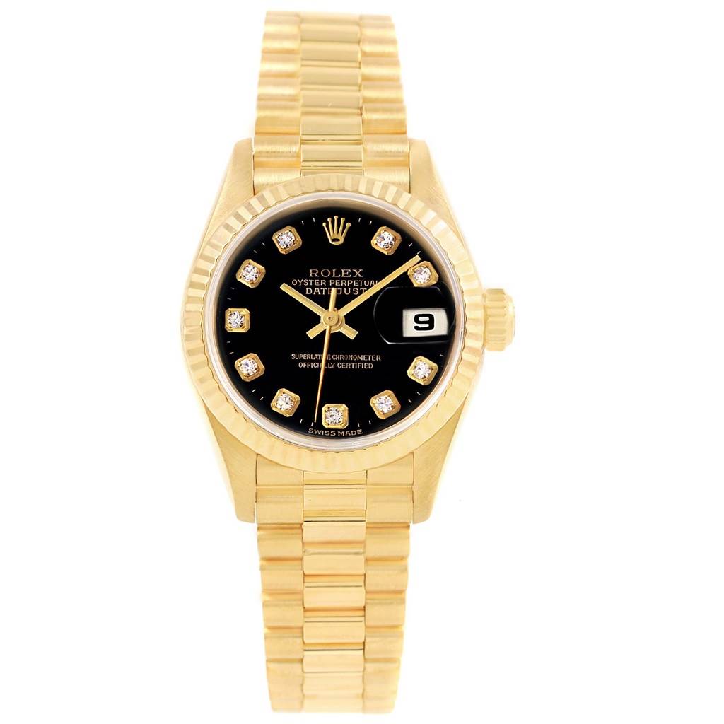 This Rolex President 69178 Women's Yellow Gold Black Dial 69178 Women's Yellow Gold Black Dial model watch is shown from a front angle, displaying its black dial, date window, and gold bracelet.
