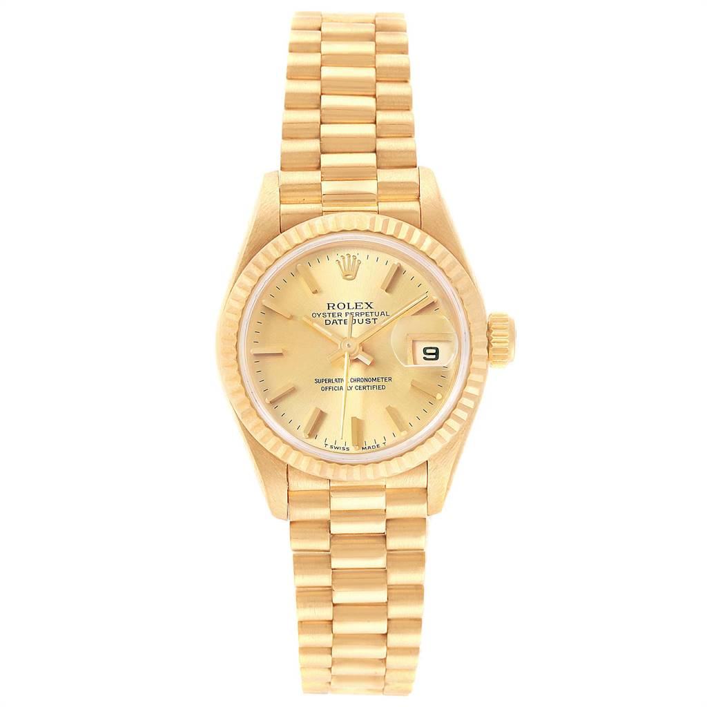 This Rolex President 79178 Women's Yellow Gold Champagne Dial 79178 Women's Yellow Gold Champagne Dial model watch is shown from a top-down angle, displaying the dial, bezel, crown, and bracelet.