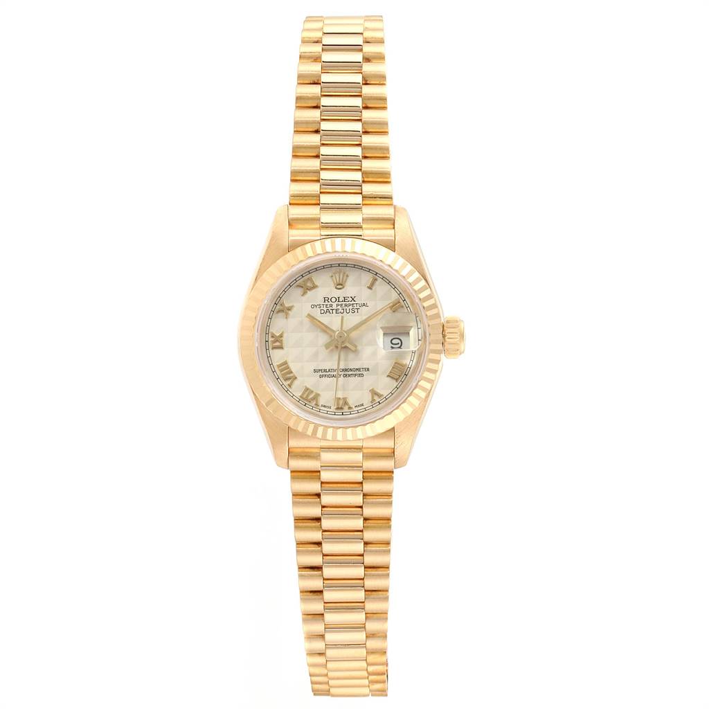 This is a front view of a Rolex President 69178 Women's Yellow Gold Beige Dial 69178 Women's Yellow Gold Beige Dial model watch, showcasing its gold bracelet, fluted bezel, and dial with a date window.
