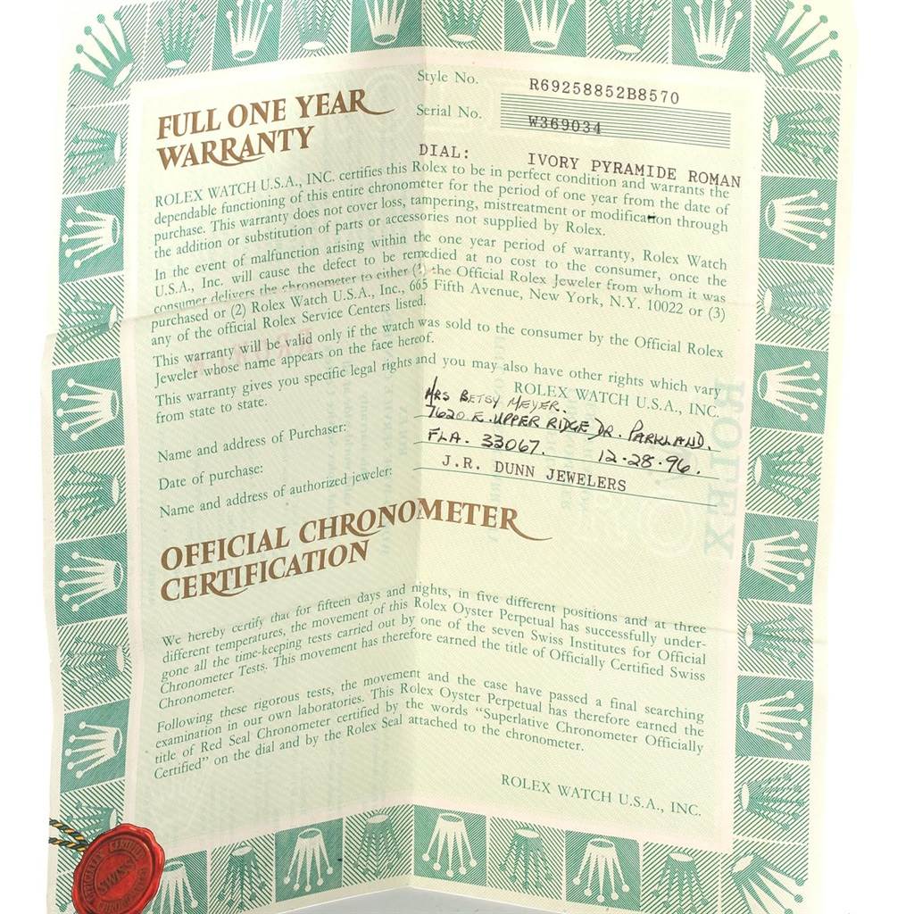 The image shows the warranty and certification documents for a Rolex President 69258 Women's Yellow Gold Champagne Dial 69258 Women's Yellow Gold Champagne Dial model watch.