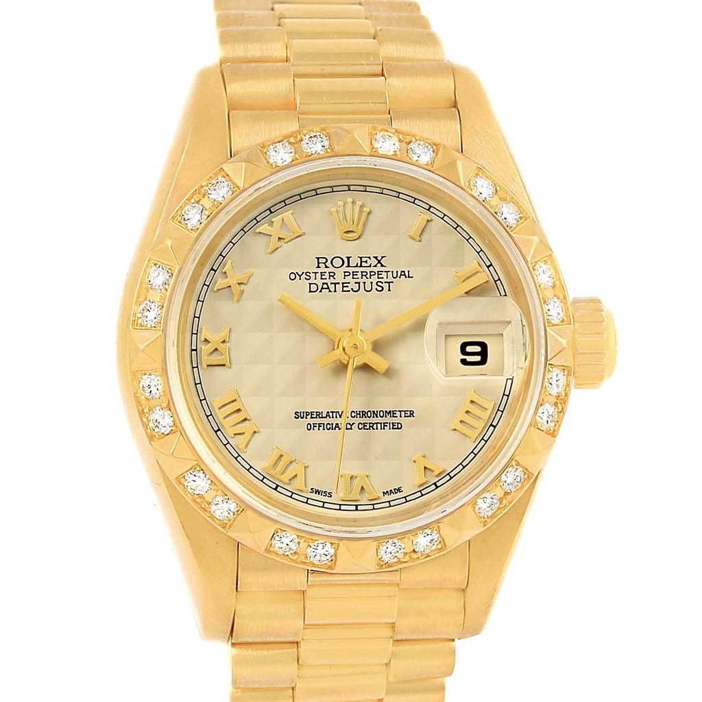 The image shows a front view of the Rolex President 69258 Women's Yellow Gold Champagne Dial 69258 Women's Yellow Gold Champagne Dial Datejust watch, highlighting the dial, bezel, and bracelet.