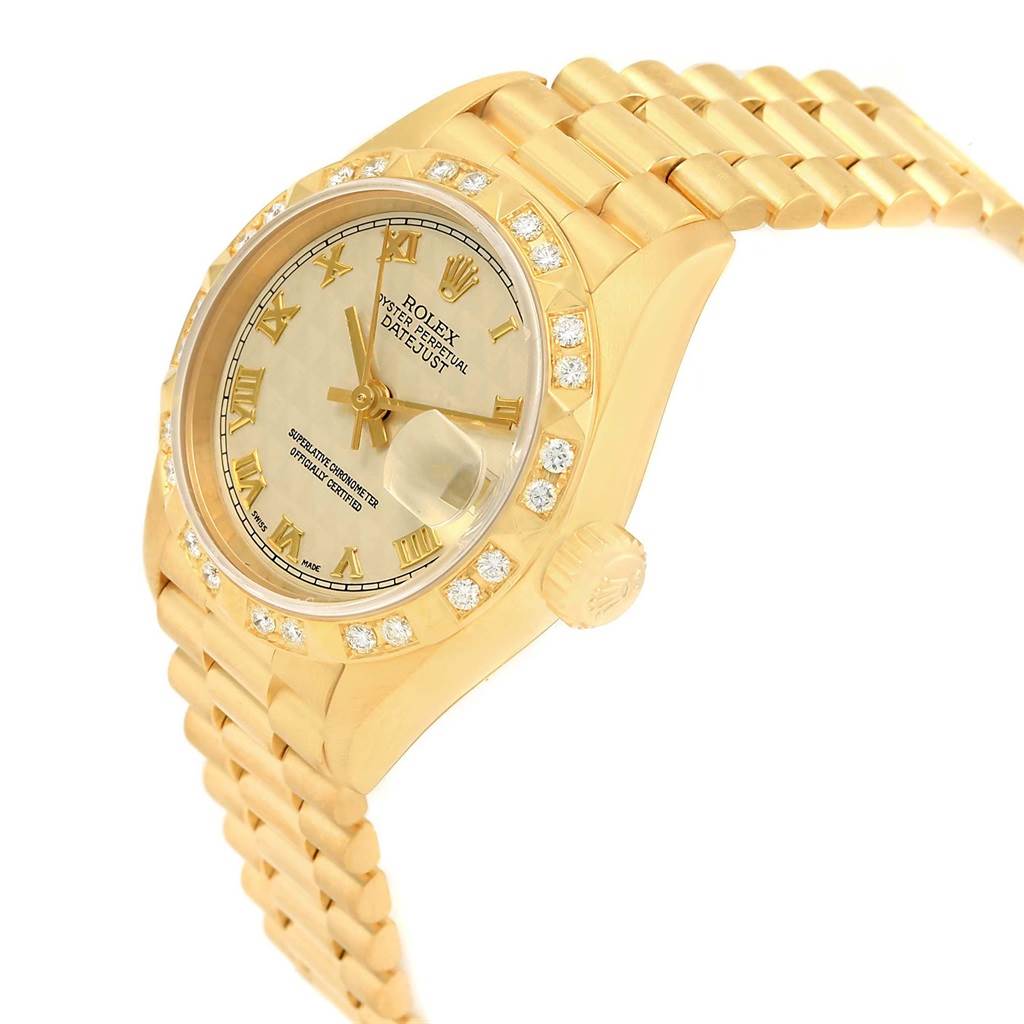 The image shows a Rolex President 69258 Women's Yellow Gold Champagne Dial 69258 Women's Yellow Gold Champagne Dial model watch at an angled view, highlighting the dial, bezel, and bracelet.