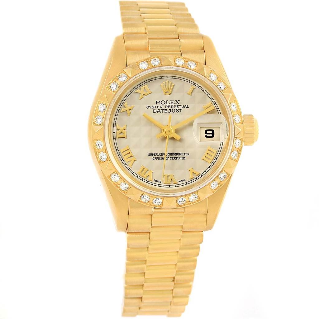 The image shows a Rolex President 69258 Women's Yellow Gold Champagne Dial 69258 Women's Yellow Gold Champagne Dial model watch from a front angle, displaying the face, bezel, and bracelet.