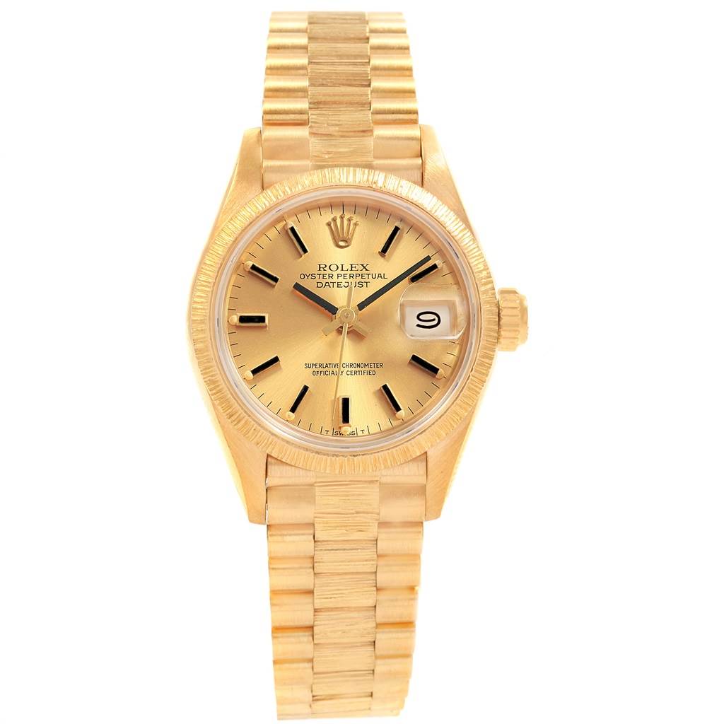 The image shows a front view of the Rolex President 69278 Women
s Yellow Gold Champagne Dial 69278 Women
s Yellow Gold Champagne Dial model watch, highlighting its gold dial, case, and bracelet.