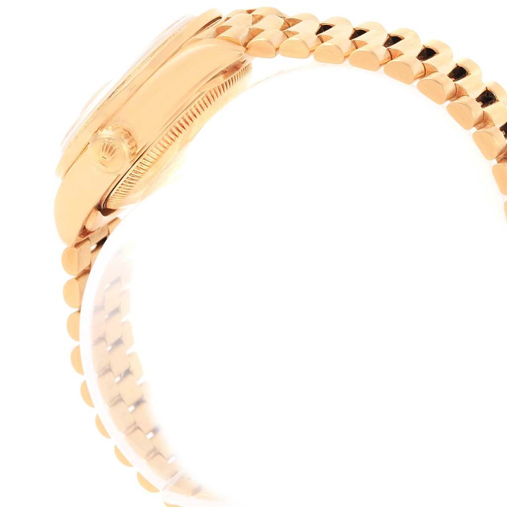 The image shows a side view of the Rolex President 69138 Women's Yellow Gold Blue Dial 69138 Women's Yellow Gold Blue Dial model watch, highlighting its gold case and bracelet.