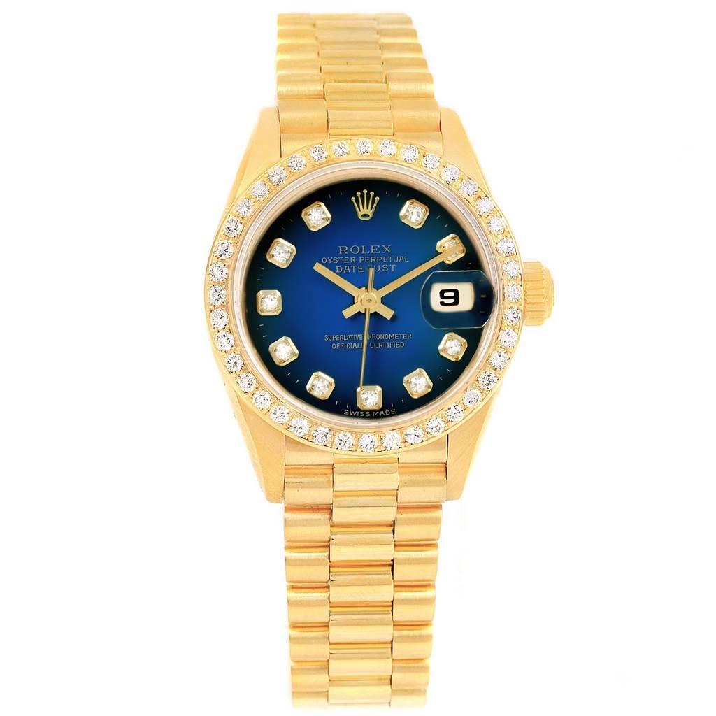 The image shows a Rolex President 69138 Women's Yellow Gold Blue Dial 69138 Women's Yellow Gold Blue Dial model watch from a front angle, highlighting its dial, bezel, and bracelet.