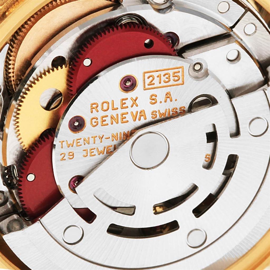 This image shows the internal mechanical movement of the Rolex President 69138 Women's Yellow Gold Blue Dial 69138 Women's Yellow Gold Blue Dial model watch at a close-up angle.