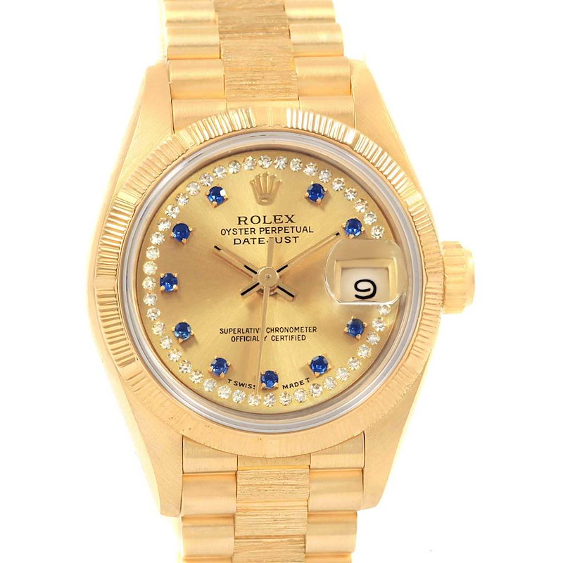Rolex President Yellow Gold String Diamond Sapphire Ladies Watch 69038 SwissWatchExpo