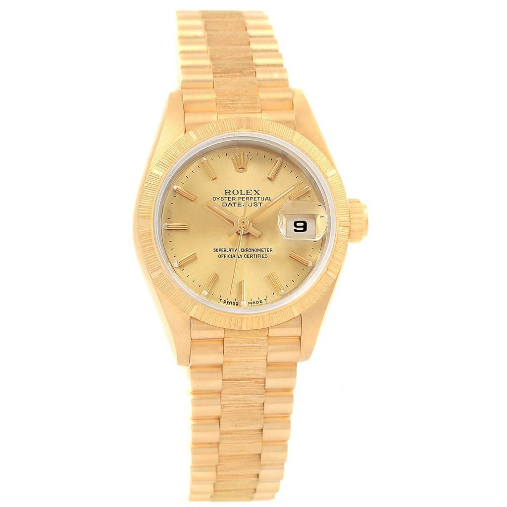 The image shows a front view of a Rolex President 69278 Women
s Yellow Gold Champagne Dial 69278 Women
s Yellow Gold Champagne Dial model watch, displaying the face, hands, date window, and bracelet.