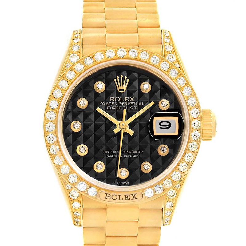 Rolex President Crown Yellow Gold Black Diamond Dial Ladies Watch 69158 SwissWatchExpo