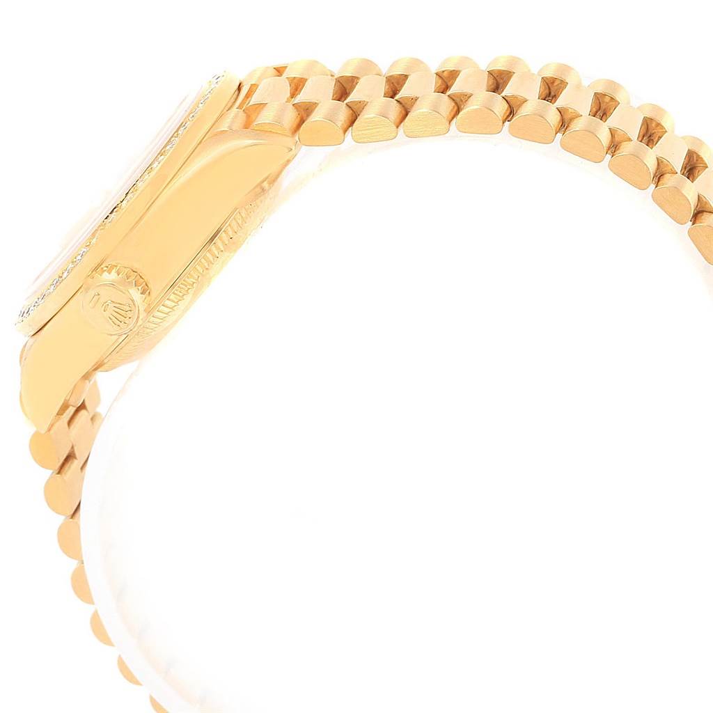 The side profile of the Rolex President 69178 Women's Yellow Gold Champagne Dial 69178 Women's Yellow Gold Champagne Dial watch shows a partial view of the dial and the gold bracelet.