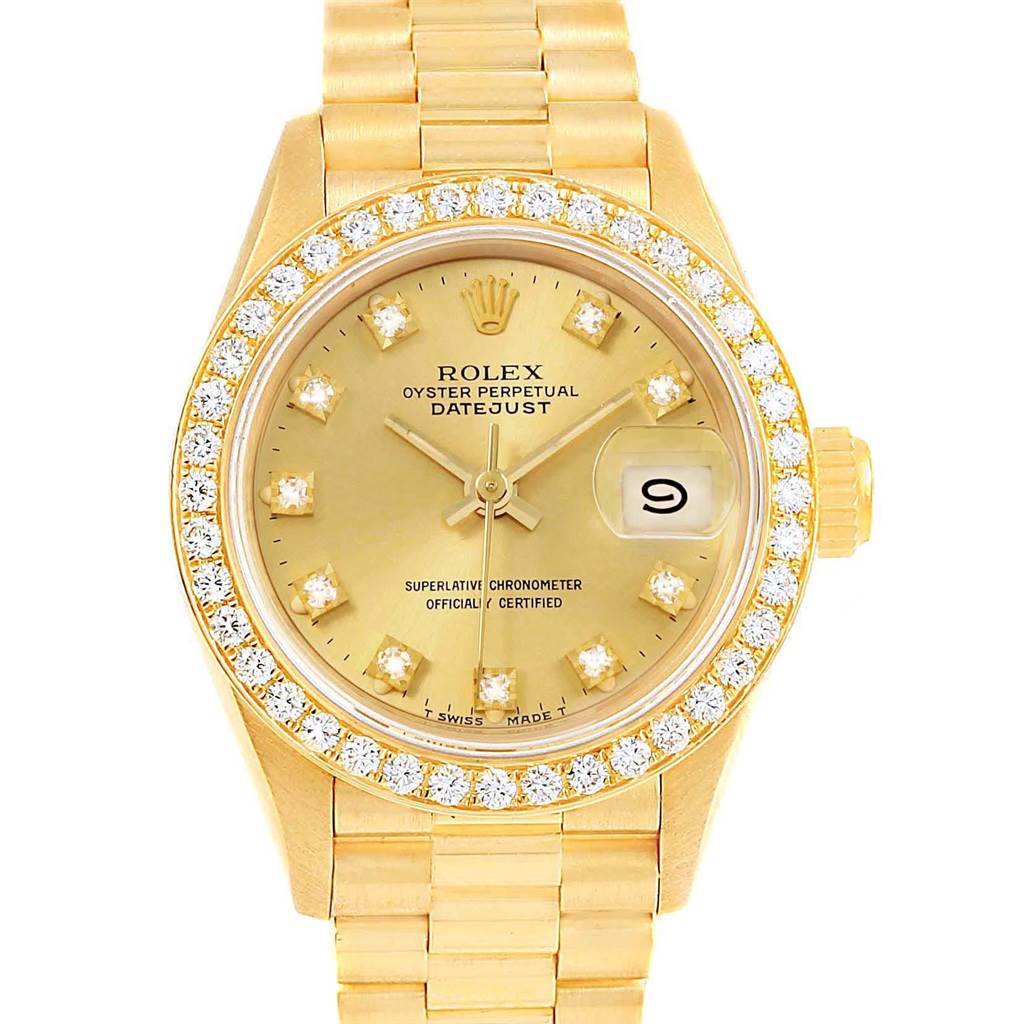 The image shows a frontal view of a Rolex President 69178 Women's Yellow Gold Champagne Dial 69178 Women's Yellow Gold Champagne Dial model watch featuring a gold bracelet and a diamond-encrusted bezel.
