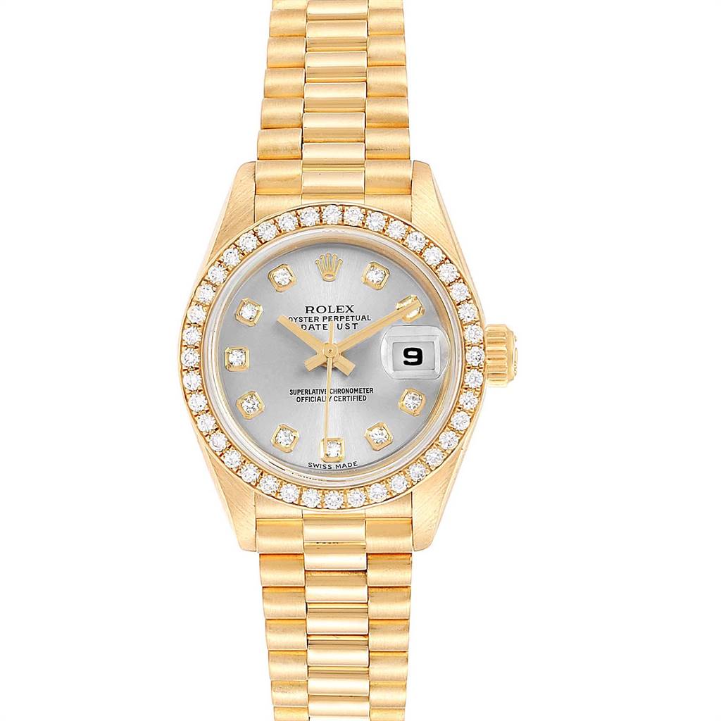 This is a frontal view of a Rolex President 69178 Women's Yellow Gold Silver Dial 69178 Women's Yellow Gold Silver Dial model, showing the watch face, bezel, crown, and bracelet.