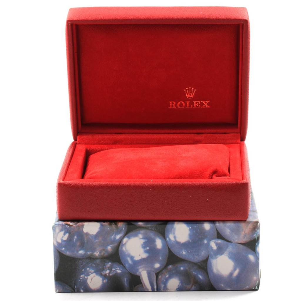 This image shows a red box with a cushion inside for the Rolex President 69178 Women's Yellow Gold Blue Dial 69178 Women's Yellow Gold Blue Dial model watch, displaying the Rolex brand logo.