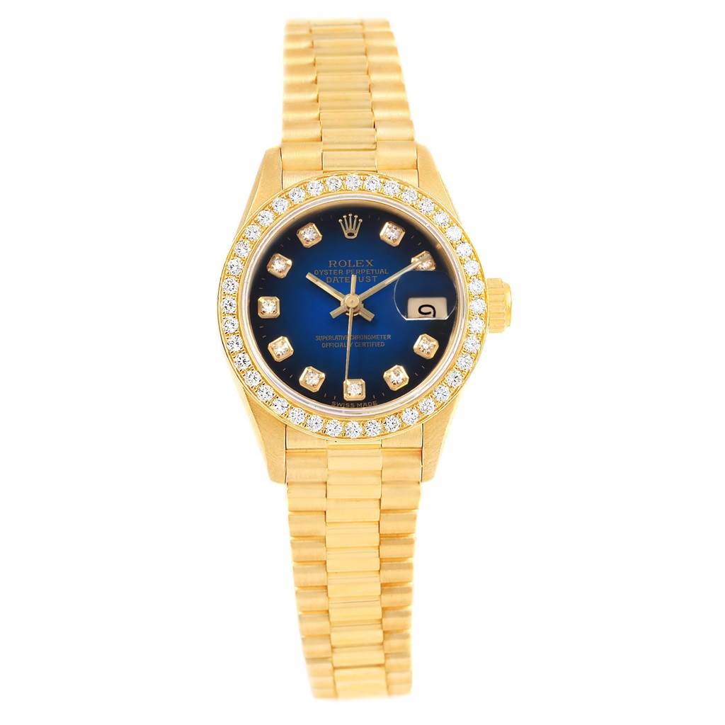 The Rolex President 69178 Women's Yellow Gold Blue Dial 69178 Women's Yellow Gold Blue Dial model watch is shown from a top-down angle, displaying its face, bezel, and band.
