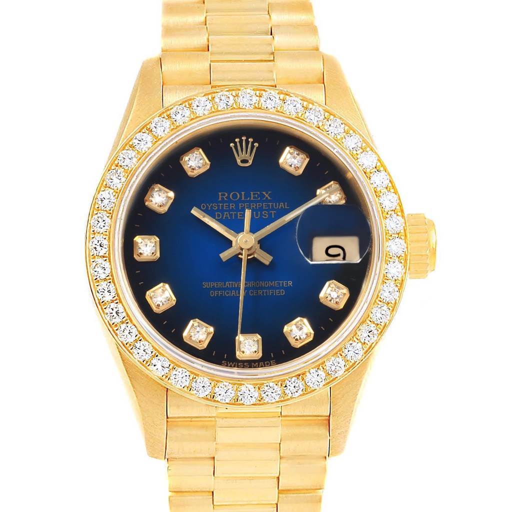 The image shows a Rolex President 69178 Women's Yellow Gold Blue Dial 69178 Women's Yellow Gold Blue Dial model watch from a front view, highlighting its dial, bezel, and bracelet.