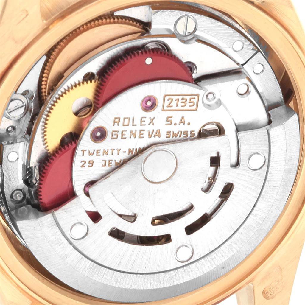 This close-up image shows the internal mechanism of a Rolex President 69178 Women's Yellow Gold Blue Dial 69178 Women's Yellow Gold Blue Dial model watch.