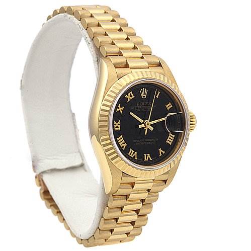 The Rolex President 69068 Women's Yellow Gold Black Dial 69068 Women's Yellow Gold Black Dial model watch is shown at a three-quarter angle, displaying its gold case, fluted bezel, black dial, and gold bracelet.