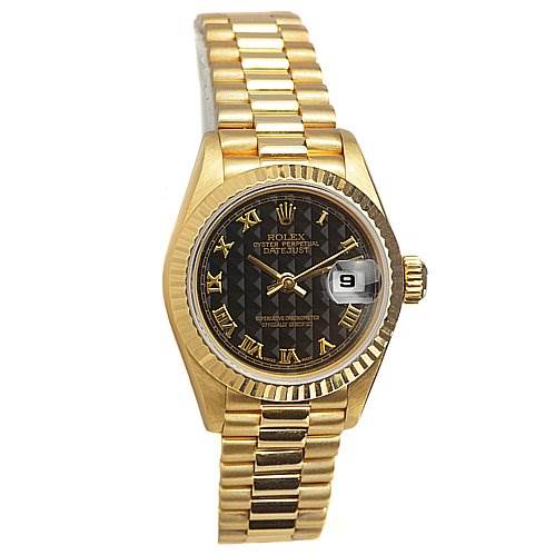 The image shows a front angle of a Rolex President 69068 Women's Yellow Gold Black Dial 69068 Women's Yellow Gold Black Dial model watch, highlighting the face, bezel, and bracelet.