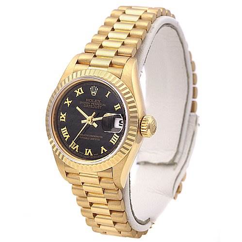 The image shows a Rolex President 69068 Women's Yellow Gold Black Dial 69068 Women's Yellow Gold Black Dial model watch at an oblique angle, displaying its gold bracelet, black dial, and fluted bezel.