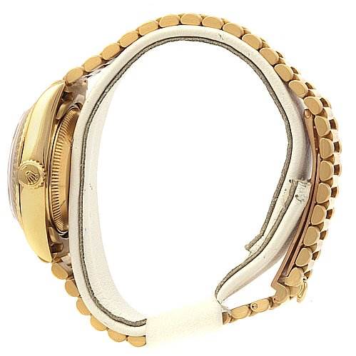 The image shows a side view of a Rolex President 69068 Women's Yellow Gold Black Dial 69068 Women's Yellow Gold Black Dial model, highlighting the gold case, crown, and bracelet.