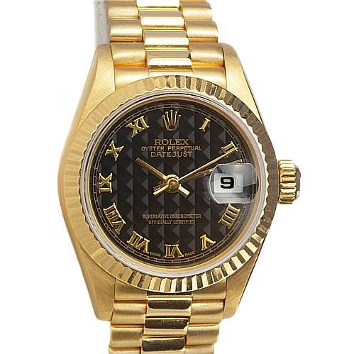 This image shows the front view of the Rolex President 69068 Women's Yellow Gold Black Dial 69068 Women's Yellow Gold Black Dial model watch, featuring its gold band, black dial, and date display.