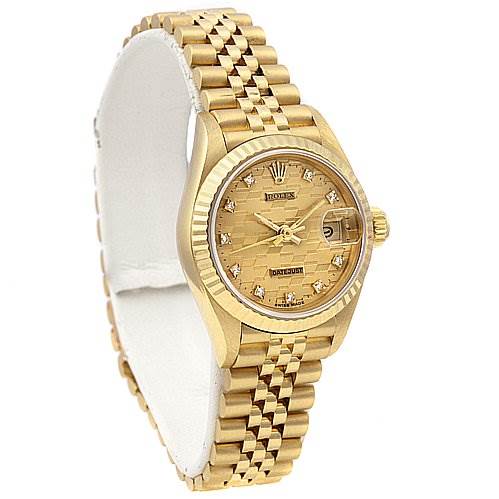 The image shows a Rolex President 69178 Women
s Yellow Gold Champagne Dial 69178 Women
s Yellow Gold Champagne Dial model watch at a slight angle, highlighting the dial, bezel, case, and bracelet.