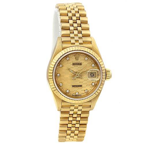 The image shows a front view of the Rolex President 69178 Women
s Yellow Gold Champagne Dial 69178 Women
s Yellow Gold Champagne Dial model watch, highlighting the face, bezel, crown, and bracelet.