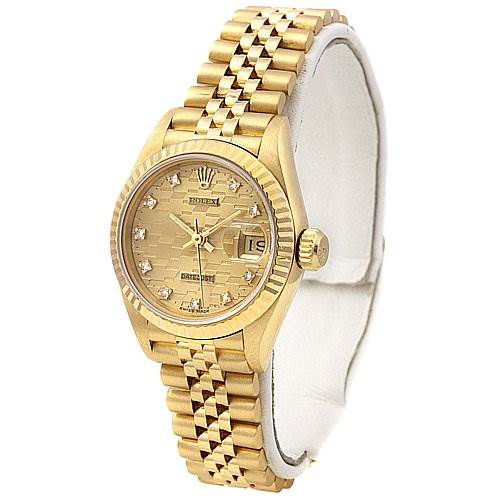 This image shows the front and side of the gold Rolex President 69178 Women
s Yellow Gold Champagne Dial 69178 Women
s Yellow Gold Champagne Dial watch, highlighting its bracelet, dial, and crown.