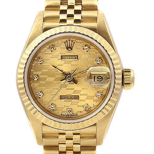 The image shows a frontal view of a Rolex President 69178 Women
s Yellow Gold Champagne Dial 69178 Women
s Yellow Gold Champagne Dial Datejust watch, displaying the face, bezel, band, and crown.