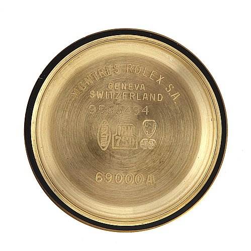 This image shows the inside of the case back from a Rolex President 69178 Women
s Yellow Gold Champagne Dial 69178 Women
s Yellow Gold Champagne Dial model, featuring branding and model information.