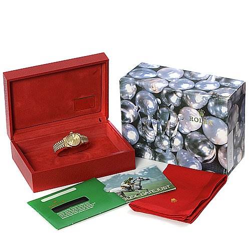 The image shows a Rolex President 69178 Women
s Yellow Gold Champagne Dial 69178 Women
s Yellow Gold Champagne Dial model watch in an open red box, alongside the outer box, manual, warranty card, and polishing cloth.