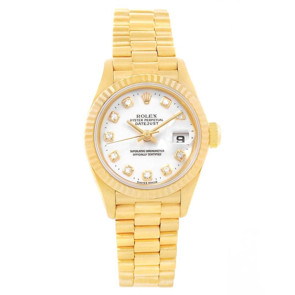 This is a frontal view of the Rolex President 69178 Women's Yellow Gold White Dial 69178 Women's Yellow Gold White Dial model watch showing the dial, diamond markers, date window, bezel, and bracelet.