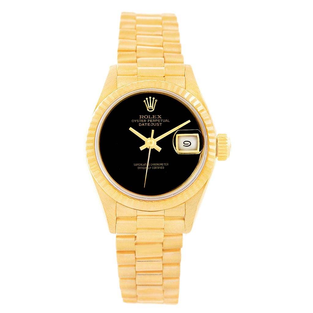 The image shows a Rolex President 69178 Women's Yellow Gold Black Dial 69178 Women's Yellow Gold Black Dial model watch, viewed from the front, highlighting its black dial, gold case, and bracelet.