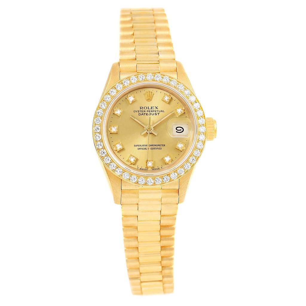 The image shows a frontal view of a Rolex President 69178 Women's Yellow Gold Champagne Dial 69178 Women's Yellow Gold Champagne Dial model watch, highlighting the dial, bezel, and bracelet.