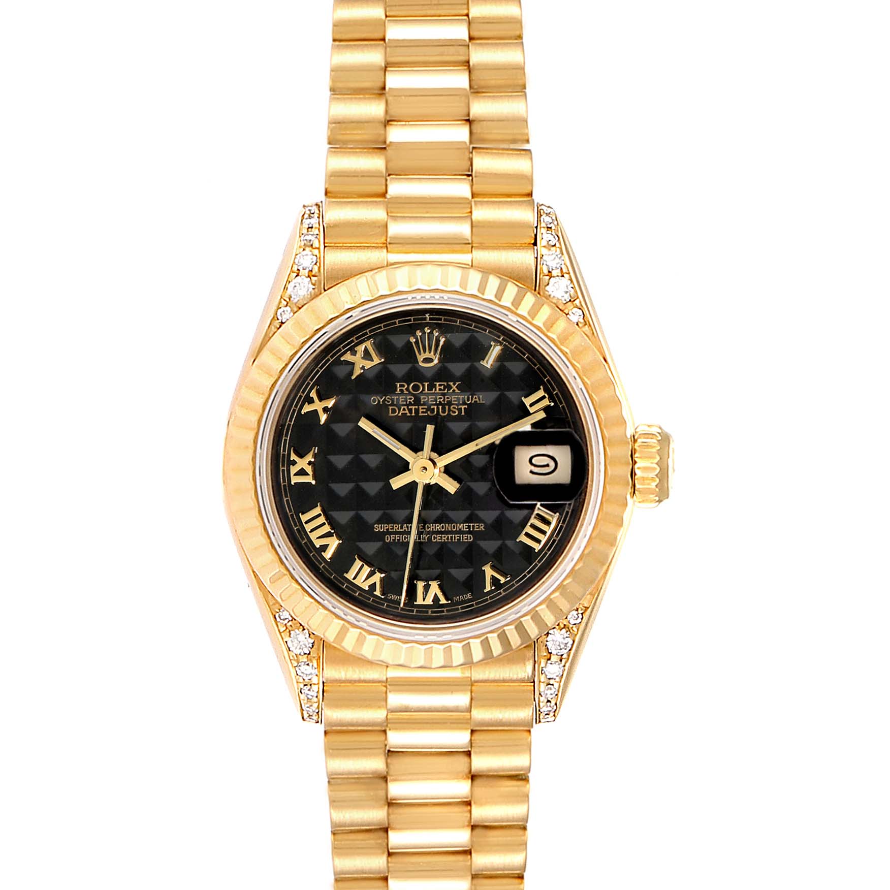 The image shows a Rolex President 69158 Women's Yellow Gold Black Dial 69158 Women's Yellow Gold Black Dial Datejust watch with a gold bracelet, black Roman numeral dial, and diamond-accented bezel.