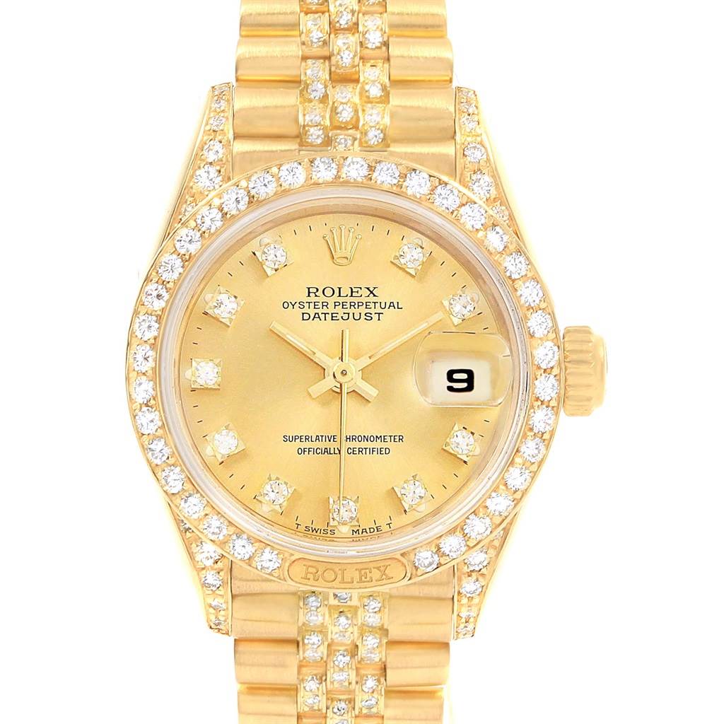 The image shows a front view of a Rolex President 69158 Women's Yellow Gold Champagne Dial 69158 Women's Yellow Gold Champagne Dial model watch, highlighting the diamond-encrusted bezel, dial, and bracelet.