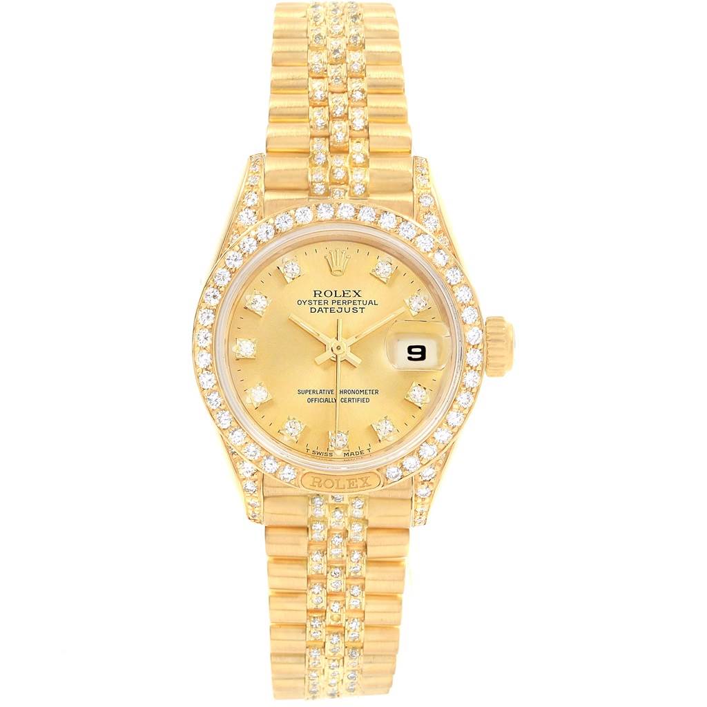 The image shows a full frontal view of a Rolex President 69158 Women's Yellow Gold Champagne Dial 69158 Women's Yellow Gold Champagne Dial model watch, highlighting its dial, bezel, and bracelet.