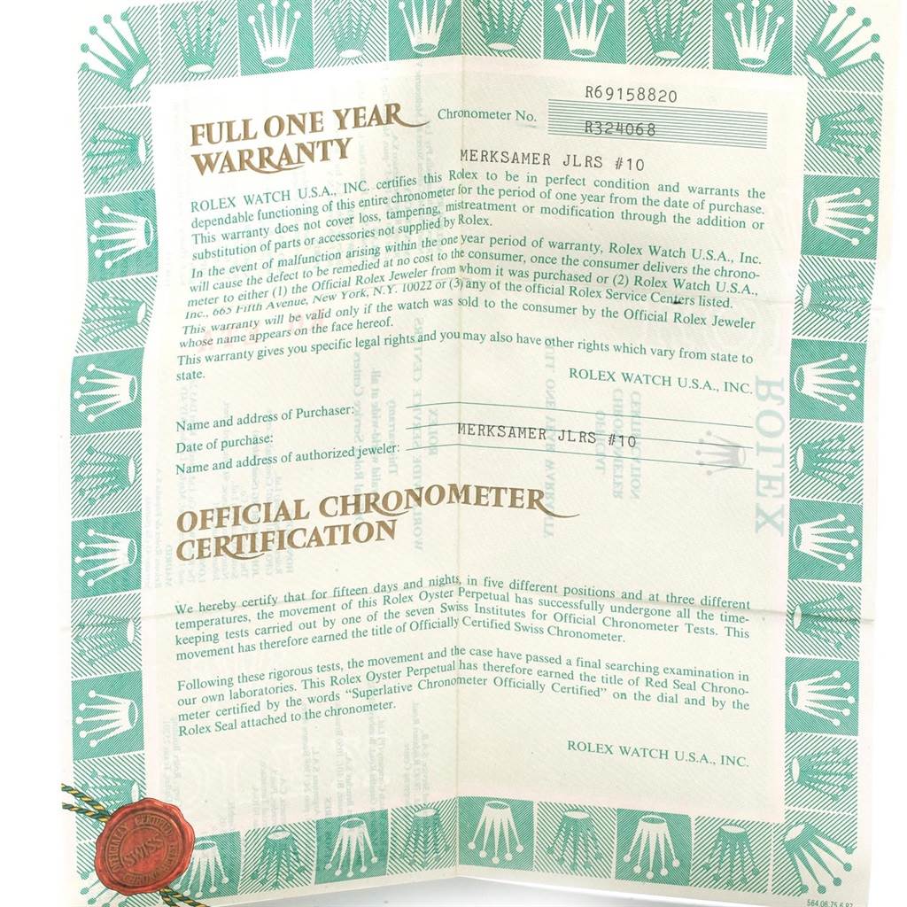 The image shows the warranty and certification papers for a Rolex President 69158 Women's Yellow Gold Champagne Dial 69158 Women's Yellow Gold Champagne Dial model watch.