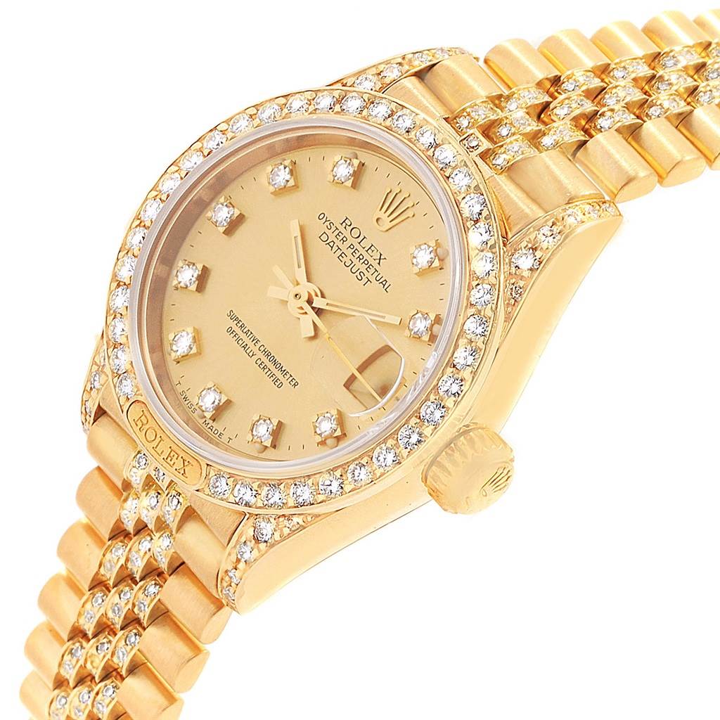 This Rolex President 69158 Women's Yellow Gold Champagne Dial 69158 Women's Yellow Gold Champagne Dial model watch is shown at an angled close-up, highlighting its diamond bezel, dial, and bracelet.