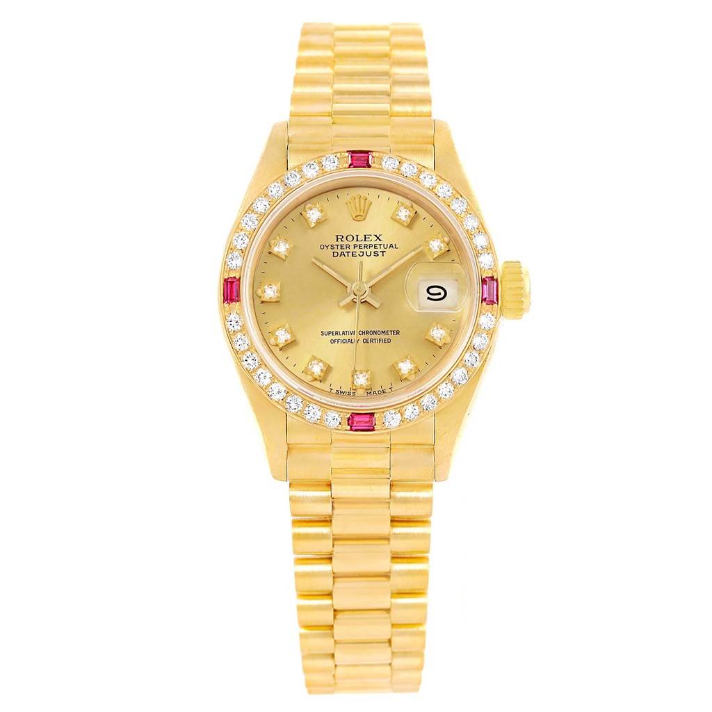 The image shows a Rolex President 69068 Women's Yellow Gold Champagne Dial 69068 Women's Yellow Gold Champagne Dial watch from a front angle, highlighting the dial, bezel, and bracelet.
