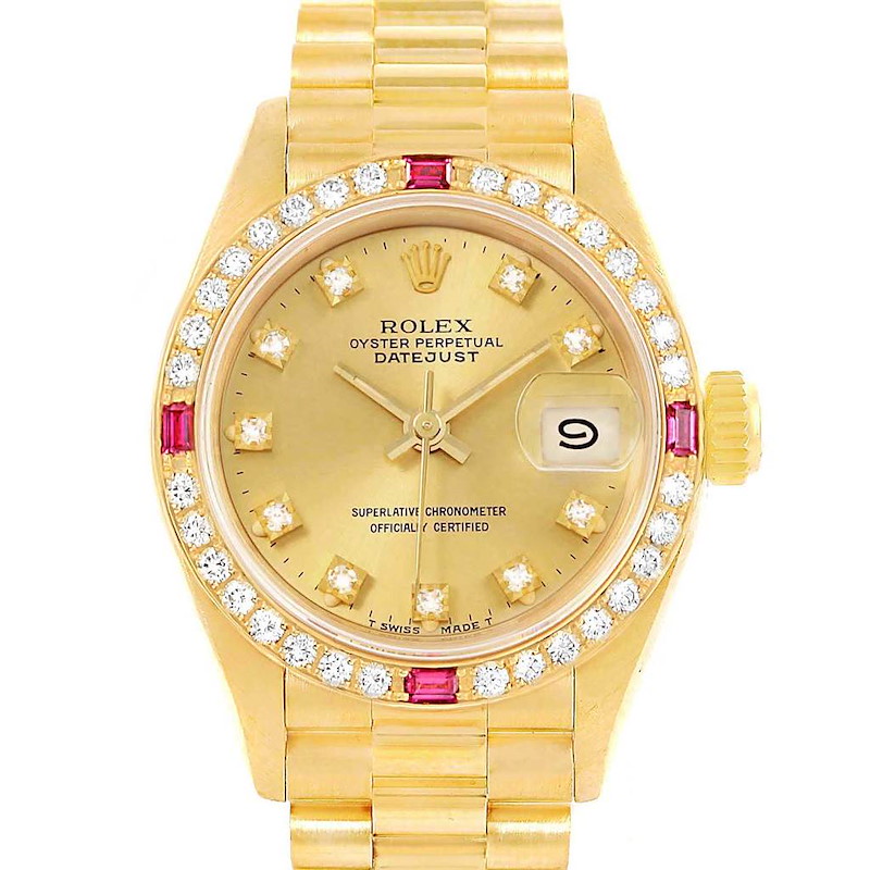 Rolex President Datejust Yellow Gold Diamonds Rubies Ladies Watch 69068 SwissWatchExpo