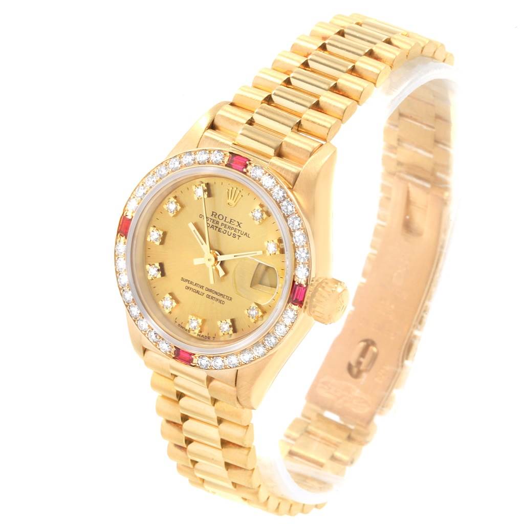 The Rolex President 69068 Women's Yellow Gold Champagne Dial 69068 Women's Yellow Gold Champagne Dial model watch is shown from an angled view, displaying its gold bracelet, diamond-set bezel, and dial.