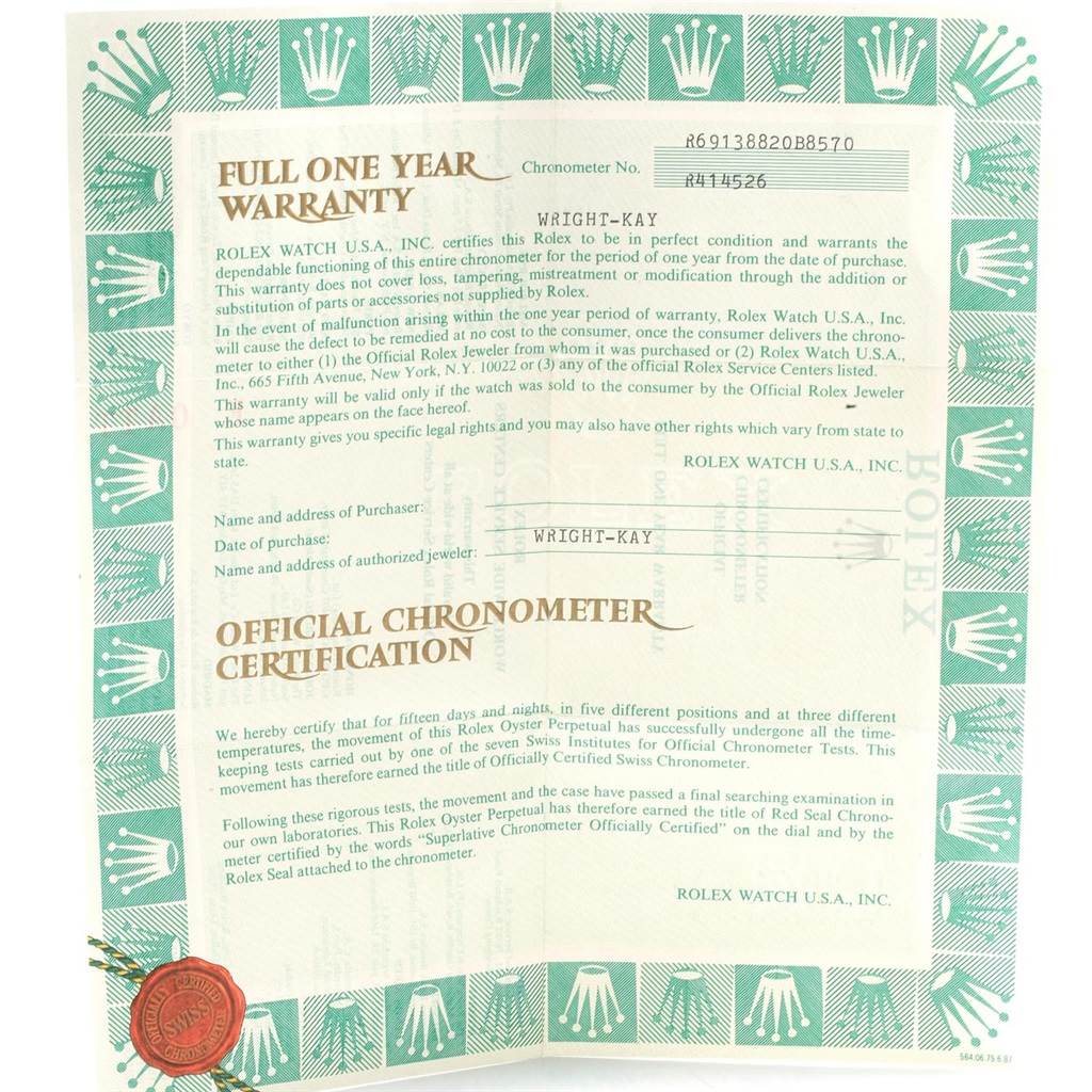 The image shows a full view of the warranty certificate for a Rolex President 69138 Women
s Yellow Gold Black Dial 69138 Women
s Yellow Gold Black Dial model watch.