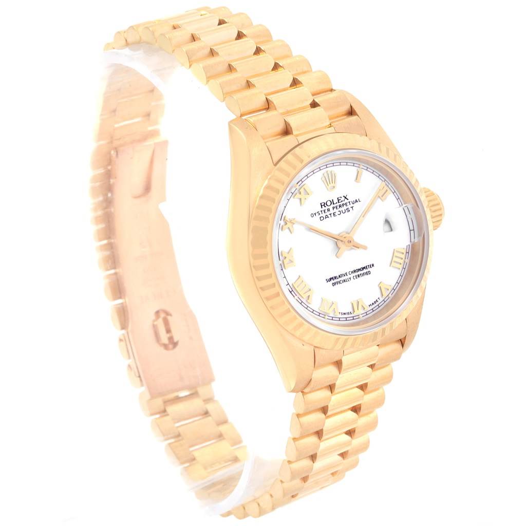 This image shows a side angle of a Rolex President 69178 Women's Yellow Gold White Dial 69178 Women's Yellow Gold White Dial model, displaying the bracelet, case, dial, and crown.