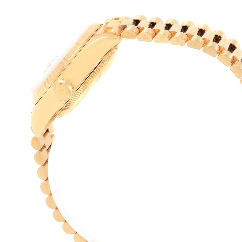 The image shows a side view of the Rolex President 69178 Women's Yellow Gold White Dial 69178 Women's Yellow Gold White Dial model, highlighting the case, crown, and part of the bracelet.
