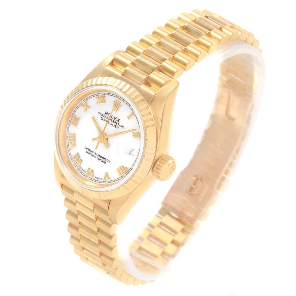 The Rolex President 69178 Women's Yellow Gold White Dial 69178 Women's Yellow Gold White Dial model watch is shown from a three-quarter angle, displaying the face, bezel, crown, and bracelet.
