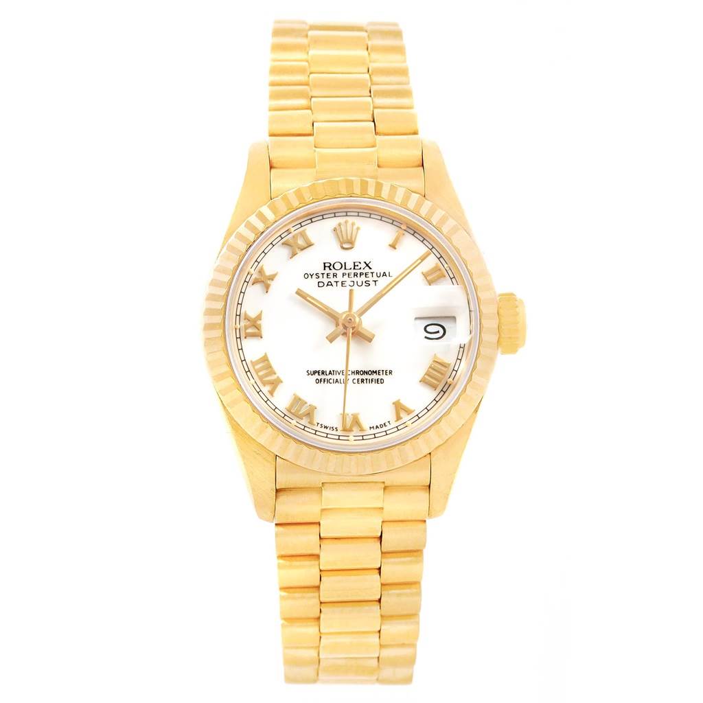 The image shows a frontal view of the Rolex President 69178 Women's Yellow Gold White Dial 69178 Women's Yellow Gold White Dial model watch, displaying the dial, bezel, and bracelet.