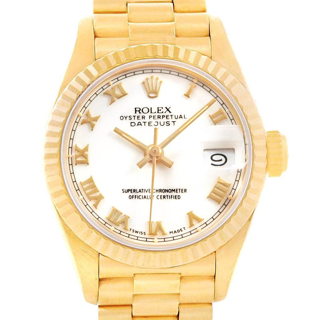 This image shows a front view of the Rolex President 69178 Women's Yellow Gold White Dial 69178 Women's Yellow Gold White Dial model watch, displaying the face, bezel, and a portion of the bracelet.