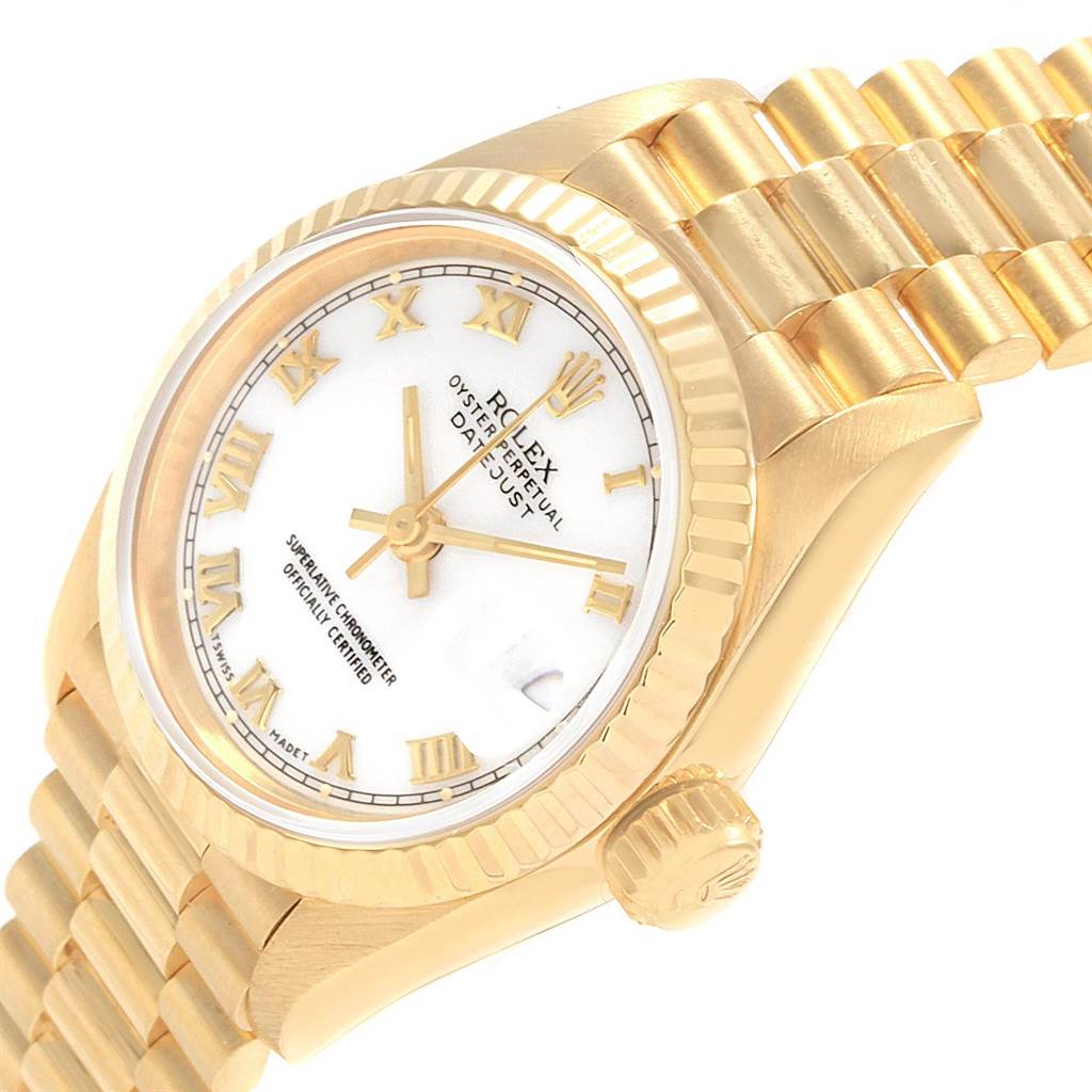 The image shows a close-up side angle of the Rolex President 69178 Women's Yellow Gold White Dial 69178 Women's Yellow Gold White Dial model watch, featuring its gold case, crown, and oyster bracelet.